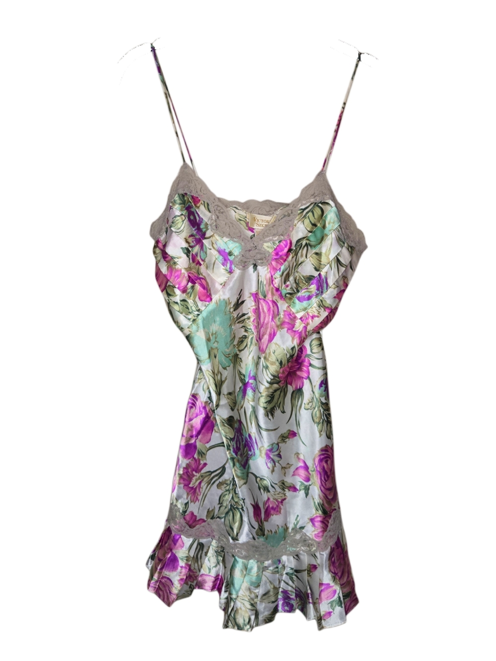 Vintage 80s Victorias Secret Floral Lace-Trim Satin Chemise Slip!